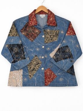 Sara Studio~Womens VTG Patchwork Embroidery Denim Jean Chore Jacket~Barn Coat~2X